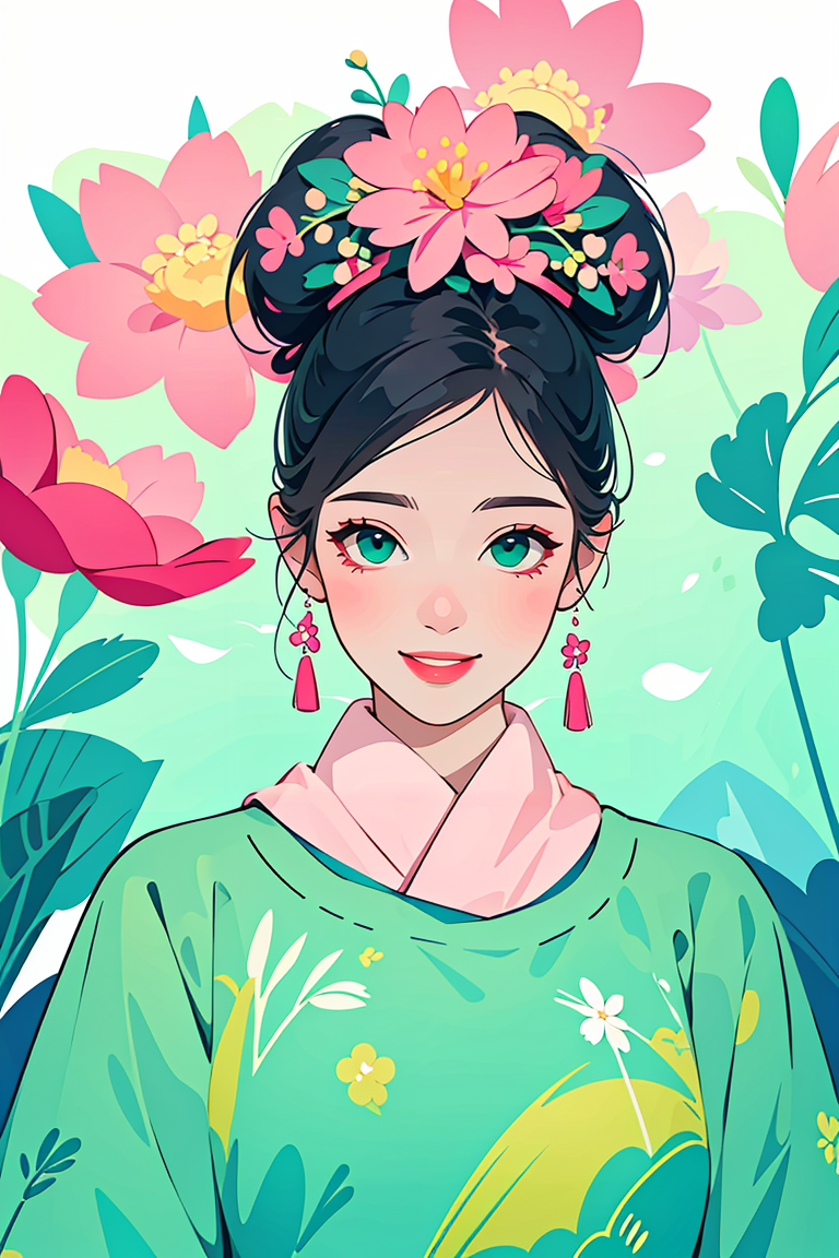 391700-2043493607-woman wearing qingfashion,portrait,sweet smile,spring flowers,(blue green and pink),masterpiece,8k,highest quality,trending on a.png